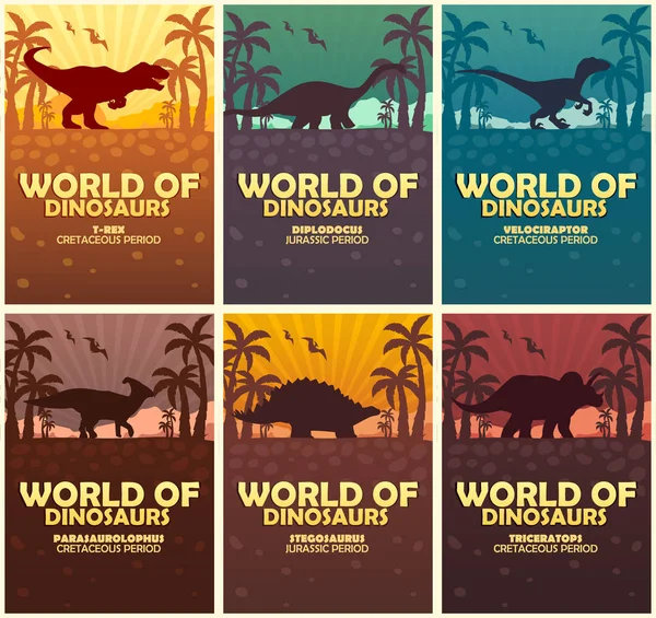 Poster koleksiyonu dinozorların dünyasına. Tarih öncesi dünya. Jurassic dönem.