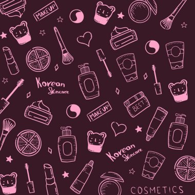Kore kozmetikleri. El doodle arka plan çizmek ile K-Güzellik afiş. Cilt Bakımı ve Makyaj. Vektör İllüstrasyonu.