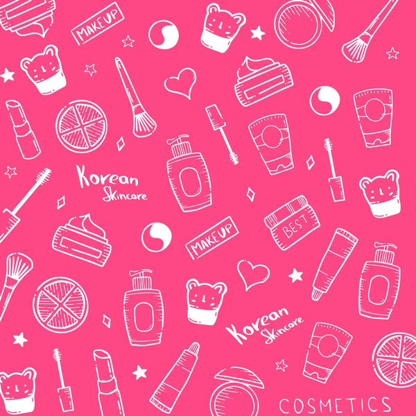 Cosmétiques coréens. Bannière K-Beauty avec fond doodle dessiné à la main. Soins de la peau et maquillage. Illustration vectorielle . — Image vectorielle