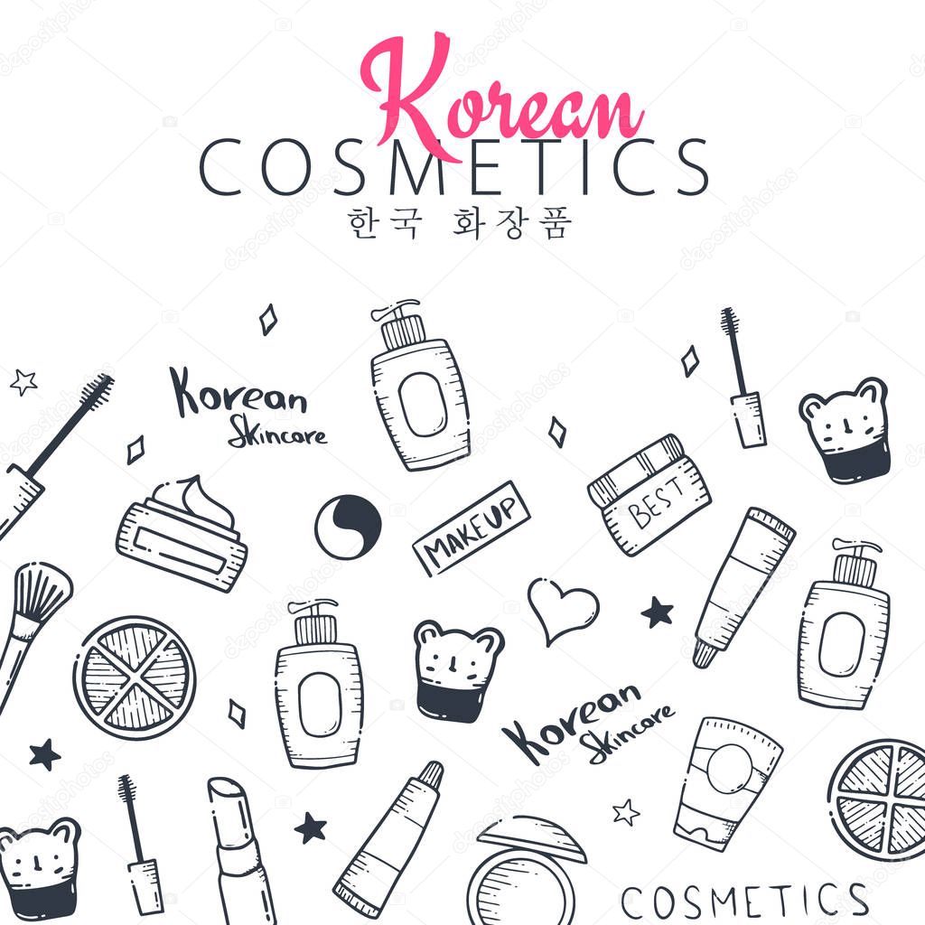 Korean cosmetics. K-Beauty banner with hand draw doodle background. Skincare and Makeup. Translation - Korean Cosmetics. Vector Illustration.