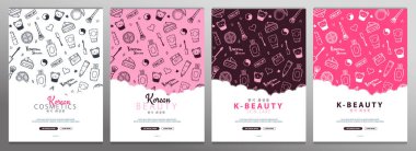 Kore kozmetikleri. El ile K-Beauty afiş seti doodle arka planlar çizin. Cilt Bakımı ve Makyaj. Çeviri - Kore Kozmetik. Vektör İllüstrasyonu.