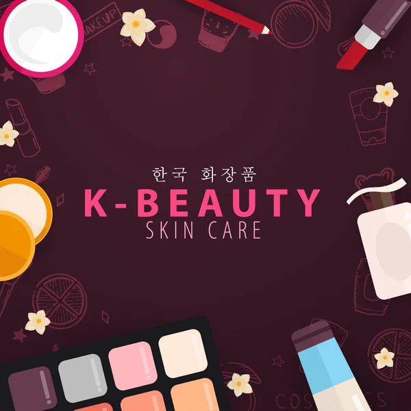 Koreanische Flachkosmetik. k-beauty Banner mit handgezeichnetem Doodle-Hintergrund. Hautpflege und Make-up. Übersetzung - koreanische Kosmetik. Vektorillustration. — Stockvektor