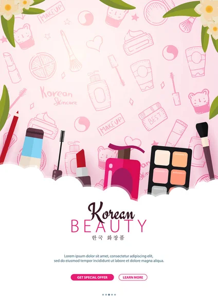 Cosméticos planos coreanos. Banner K-Beauty con fondo de garabato dibujado a mano. Cuidado de la piel y maquillaje. Traducción - Cosméticos coreanos. Ilustración vectorial . — Vector de stock