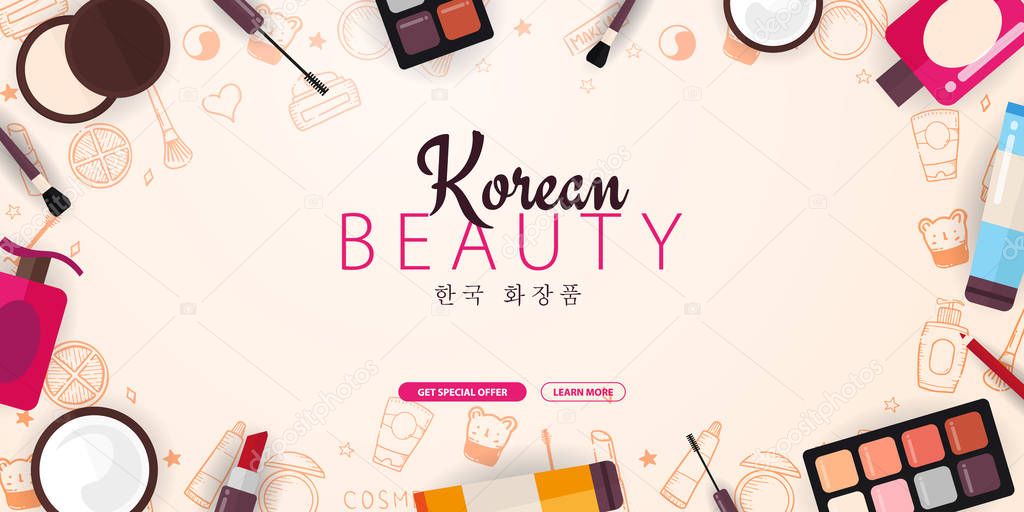Korean flat cosmetics. K-Beauty banner with hand draw doodle background. Skincare and Makeup. Translation - Korean Cosmetics. Vector Illustration.