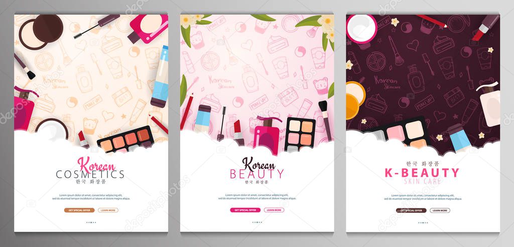 Korean flat cosmetics. Set of K-Beauty banners with hand draw doodle backgrounds. Skincare and Makeup. Translation - Korean Cosmetics. Vector Illustration.