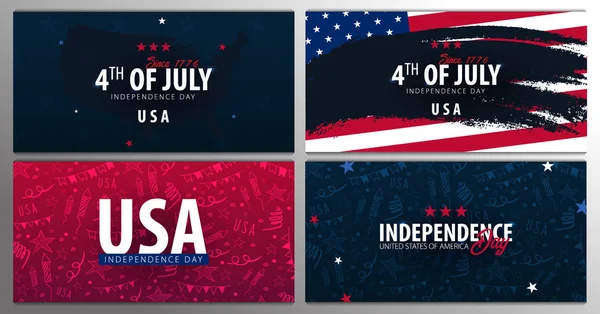 4 de Julho. Bandeiras de celebração do dia da independência dos EUA com mão desenhar fundo doodle, bandeira americana. Ilustração vetorial . — Vetor de Stock
