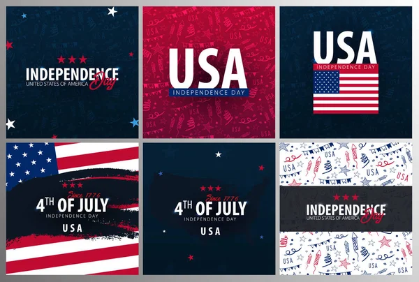 4 de Julho. Bandeiras de celebração do dia da independência dos EUA com mão desenhar fundo doodle, bandeira americana. Ilustração vetorial . — Vetor de Stock