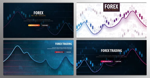 Nastavte transparenty obchodních signálů Forex. Graf svícen na finančním trhu. Vektorová ilustrace. — Stockový vektor