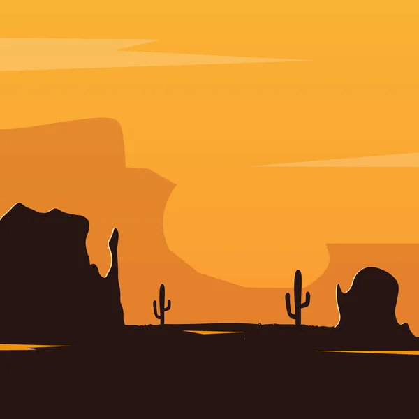 Paisaje del salvaje oeste con montañas y cactus. Puesta de sol en Texas. Ilustración vectorial . — Archivo Imágenes Vectoriales