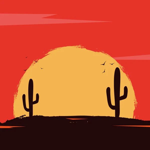 Paisaje del salvaje oeste con montañas y cactus. Puesta de sol en Texas. Ilustración vectorial . — Archivo Imágenes Vectoriales