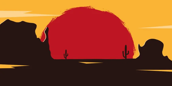 Άγρια Δύση τοπίο με βουνά και κάκτους. Ηλιοβασίλεμα στο Τέξας. Εικονογράφηση διανύσματος. — Διανυσματικό Αρχείο