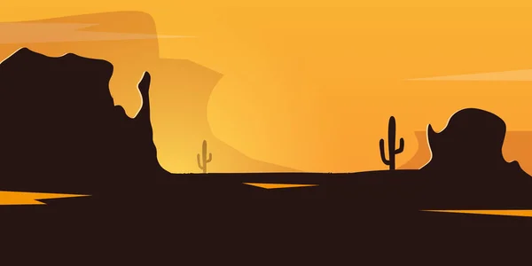 Vilda västern landskap med berg och kaktus. Solnedgång vid Texas. Vektorillustration. — Stock vektor
