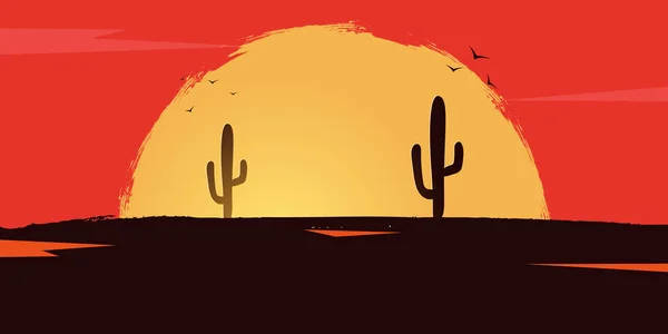 Wild West landscape with mountains and cactus. Sunset at the Texas. Vector illustration. — Stock Vector