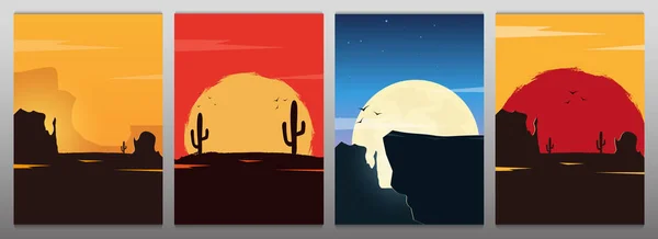 Conjunto de paisajes del Salvaje Oeste con montañas y cactus. Puesta de sol en Texas. Ilustración vectorial . — Archivo Imágenes Vectoriales