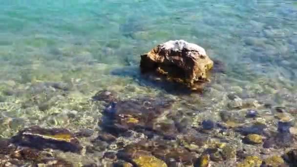 Mar en día soleado. Olas marinas y piedra . — Vídeos de Stock