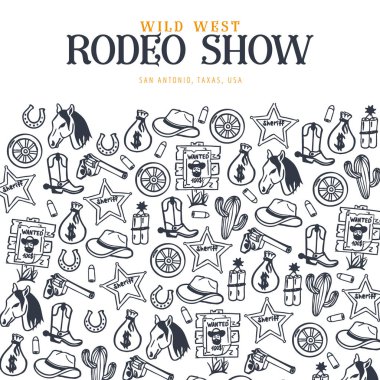 Vahşi Batı ve Kovboy afişi. Rodeo gösterisi. El çizimi arka plan. Vektör İllüstrasyonu.