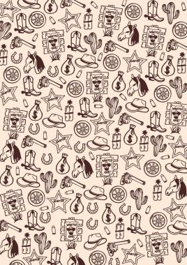 Vahşi Batı ve Kovboy afişi. Rodeo gösterisi. El çizimi arka plan. Vektör İllüstrasyonu.