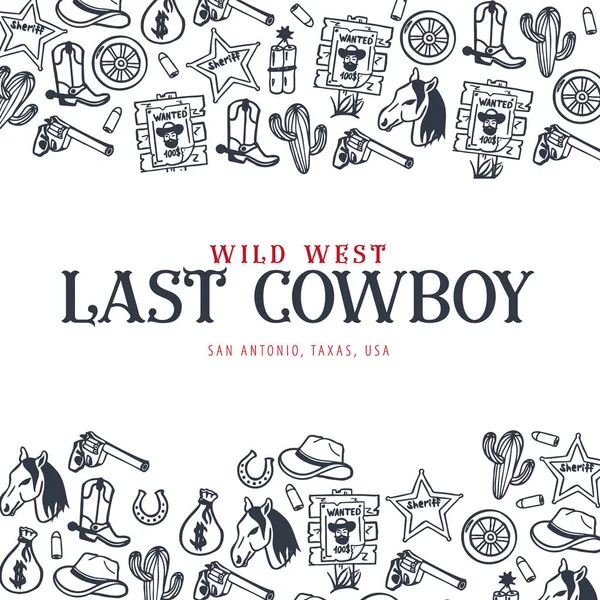 Bannière Wild West et Cowboy. Spectacle de rodéo. Dessiner à la main fond doodle. Illustration vectorielle . — Image vectorielle