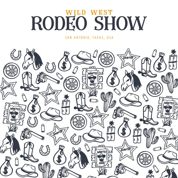 Wilder Westen und Cowboybanner. Rodeo-Show. Hand zeichnen Doodle Hintergrund. Vektorillustration. — Stockvektor