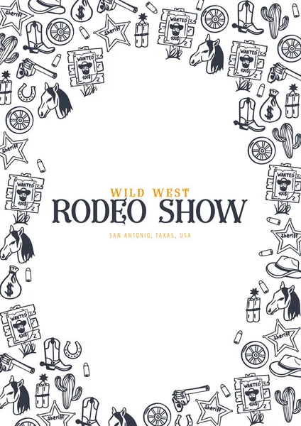 Wilder Westen und Cowboybanner. Rodeo-Show. Hand zeichnen Doodle Hintergrund. Vektorillustration. — Stockvektor