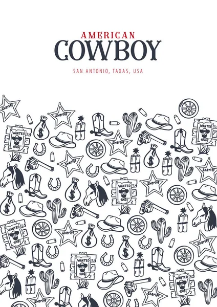Wild West en Cowboy spandoek. De Rodeo Show. Handtekening doodle achtergrond. Vector Illustratie. — Stockvector