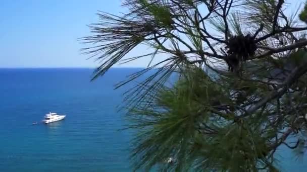 Utsikt från kullen till Medelhavet i Phaselis med Yacht. Staden av forntida Lycia. Turkiet. — Stockvideo
