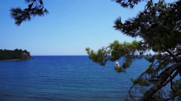 Vista desde la colina hasta el mar Mediterráneo en Phaselis con yate. Ciudad de la antigua Lycia. Turquía . — Vídeo de stock