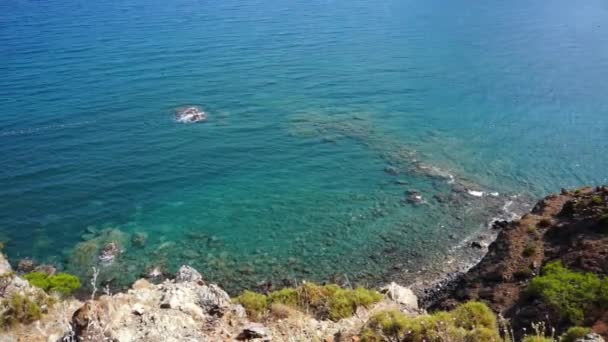 View from hill to Mediterranean Sea in Phaselis. City of ancient Lycia. Turkey. — Stock Video