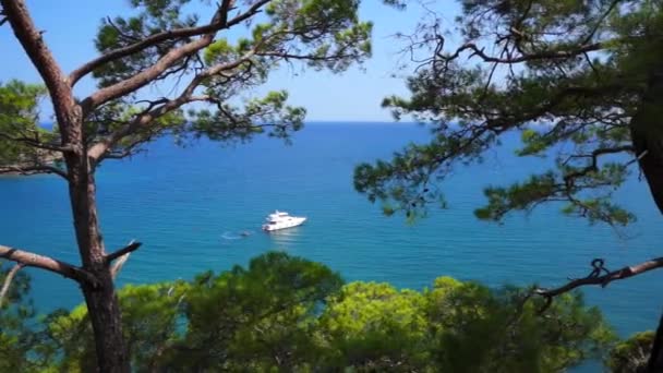 Vista desde la colina hasta el mar Mediterráneo en Phaselis con yate. Ciudad de la antigua Lycia. Turquía . — Vídeo de stock