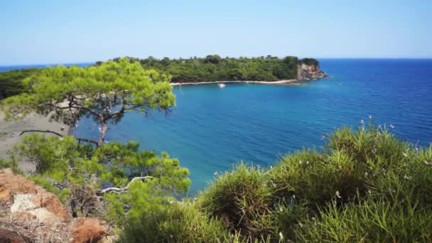 View from hill to Mediterranean Sea in Phaselis. City of ancient Lycia. Turkey. — Stock Video