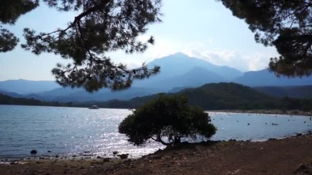 Meereswellen an einem Sandstrand mit Bergen im Hintergrund. — Stockvideo