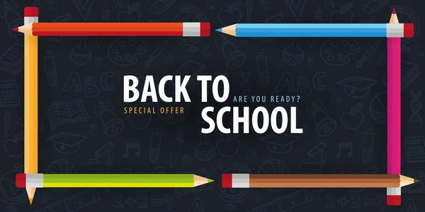 Zpět do školní hlavičky s barevnými tužkami a s ručním nakreslením pozadí. Vektorová ilustrace. — Stockový vektor