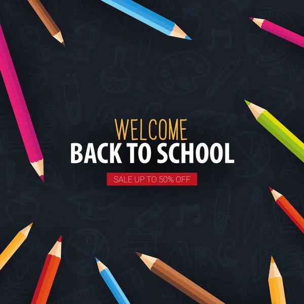 Back to School banner with colour pencils and hand draw doodle backgrounds. Vector illustration. — Stock Vector