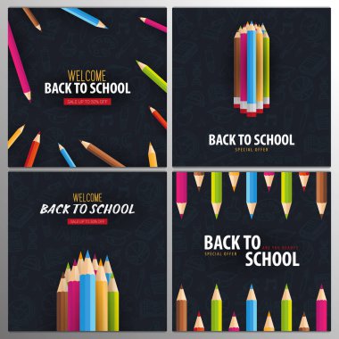 Renkli kalemler ve el karalama arka planlar ile Okula Dönüş afiş ayarlayın. Vektör çizimi.