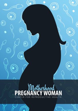 Hamilelik kadın afişi. İn vitro fertilizasyon. Suni döllenme. Hareketli spermatozoonlar ve dişi yumurta ile el çizim arka plan çizmek.