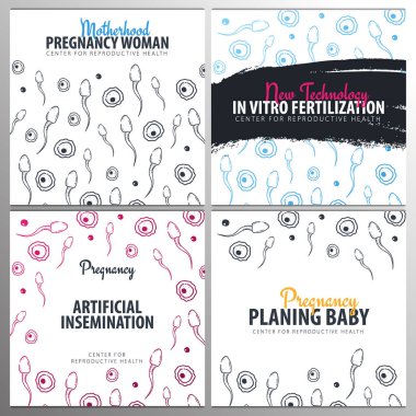 Hamilelik afişleri seti. İn vitro fertilizasyon. Suni döllenme. Hareketli spermatozoonlar ve dişi yumurta ile el çizim arka plan çizmek.