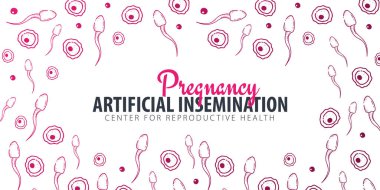 Pregnancy banner. In vitro fertilization. Artificial insemination. Hand draw sketch background with moving spermatozoons and female egg. clipart