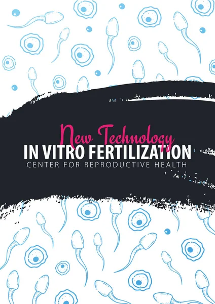 Banner de embarazo. Fertilización in vitro. Inseminación artificial. Dibuje a mano fondo boceto con espermatozoides en movimiento y huevo hembra . — Archivo Imágenes Vectoriales