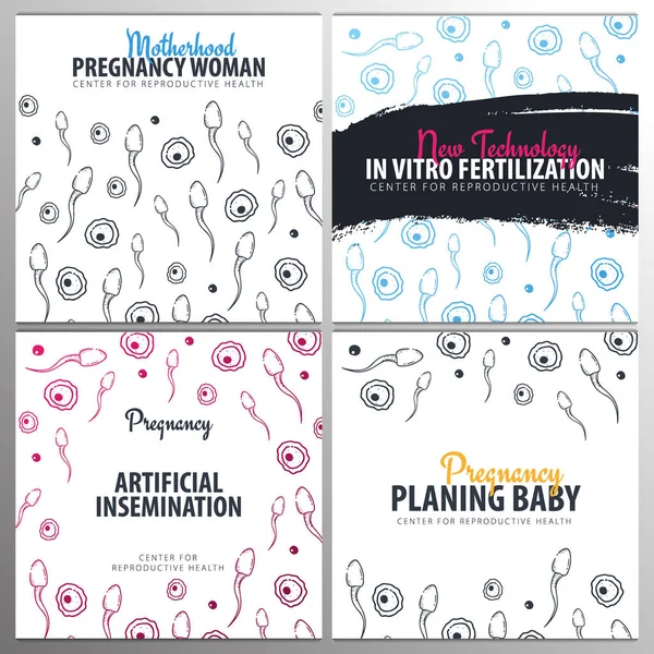 Set van zwangerschap banners. In vitro fertilisatie. Kunstmatige inseminatie. Hand tekenen schets achtergrond met bewegende spermatozoons en vrouwelijk ei. — Stockvector