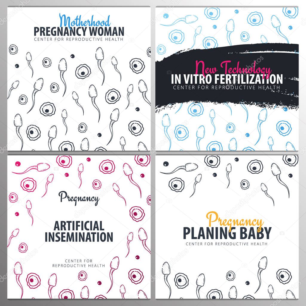 Set of Pregnancy banners. In vitro fertilization. Artificial insemination. Hand draw sketch background with moving spermatozoons and female egg.