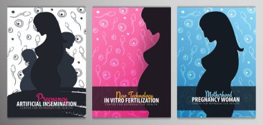 Hamilelik afişleri seti. İn vitro fertilizasyon. Suni döllenme. Hareketli spermatozoonlar ve dişi yumurta ile el çizim arka plan çizmek.
