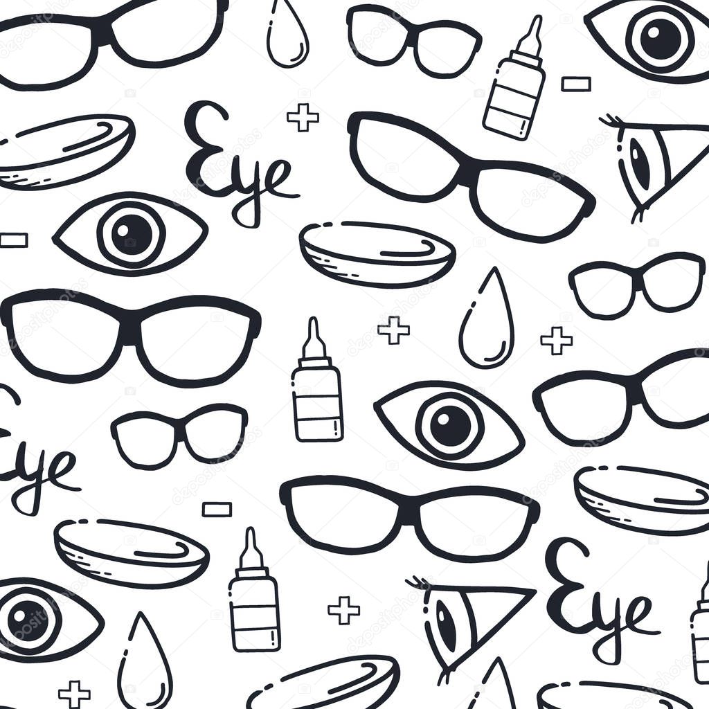 Banner for Optical Shop or Glasses clinic. Hand draw doodle background.