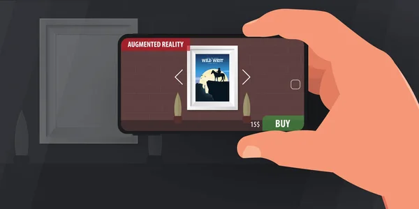 Augmented-Reality-Anwendung des Smartphones, mit der Sie virtuelle Objekte vor dem Kauf platzieren können. Mann hält Smartphone in der Hand. — Stockvektor