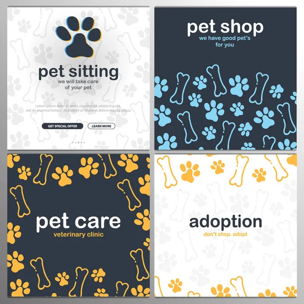 Sällskapsdjur affär, bekymmer, sällskapsdjur sittande. Antagandet. Hem djur. Banner med katt eller hund tassar. Hand Rita Doodle bakgrund. — Stock vektor
