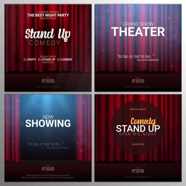 Stand up ve Tiyatro afiş seti. Kırmızı perdeler sahne, tiyatro veya spot ile opera arka plan. — Stok Vektör