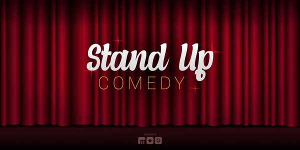 Stand Up Comedy Banner mit roten Vorhängen Hintergrund mit Scheinwerfer. — Stockvektor