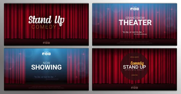 Állj fel és Theater bannerek halmaza. Vörös függöny színpadon, színház vagy Opera háttérben reflektorfényben. — Stock Vector