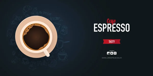 Kaffe annonser med Cup och hand Draw Doodle bakgrund. — Stock vektor