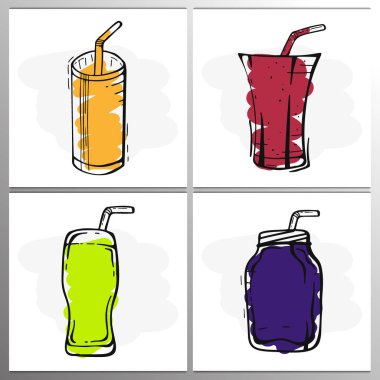 Portakal, Üzüm, Çilek Suları ve Mojito bir bardak ayarlayın. Afiş smoothies, limonata, taze, eskiz tarzında detoks.