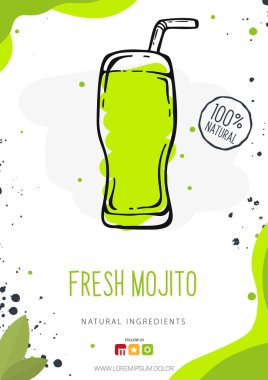Bardakta taze Mojito. Afiş smoothies, limonata, taze, meyve suyu, eskiz tarzında detoks.